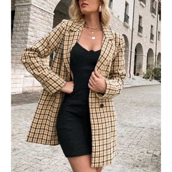 Plaid Double Breasted Button Pocket Blazer - Picture 2 of 13